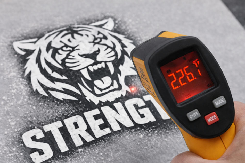 Infrared temp gun reading ink film temperature on transfer sheet