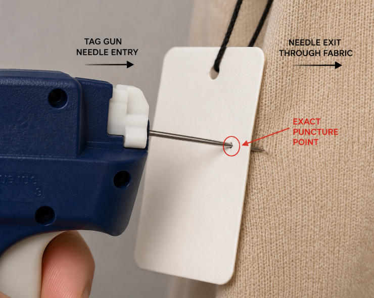 Tag gun needle passing through hang tag and fabric