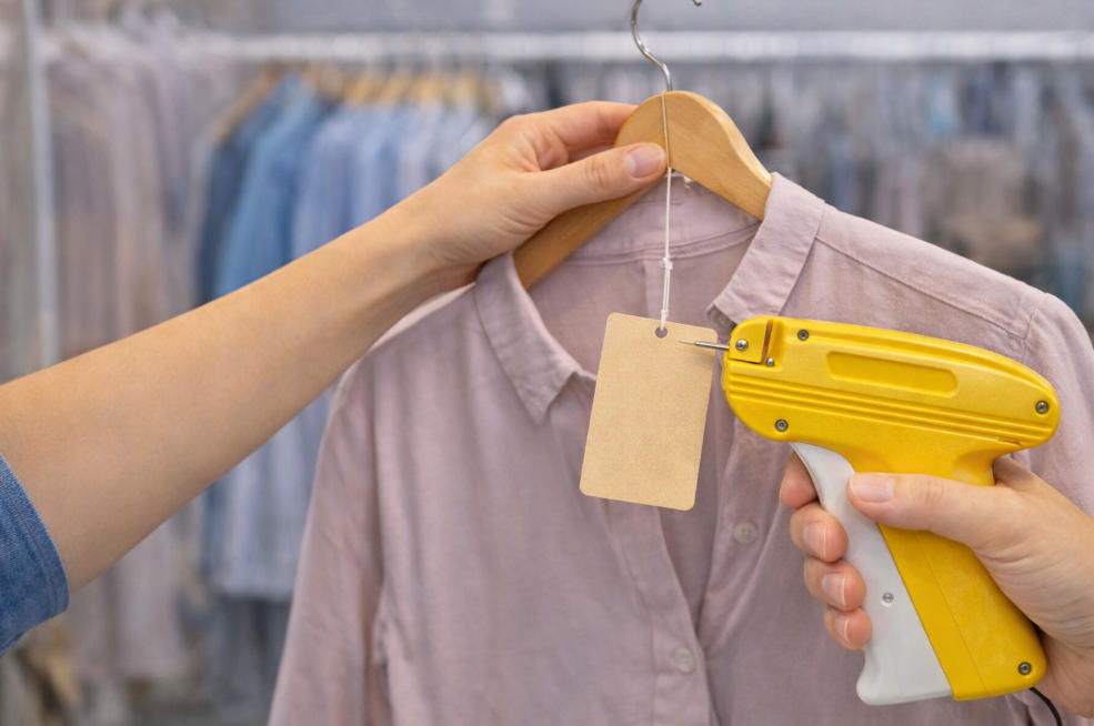 Tagging Gun Attaching Blank Clothing Label In Retail Store